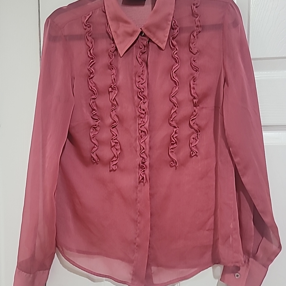 NY& Co pink sheer ruffle front long sleeve blouse
